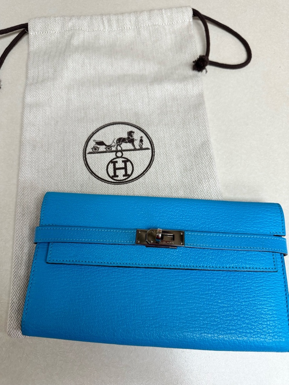 HERMES KELLY BLEU AZTEQUE CHÈVRE MYSORE LONGUE WALLET GORGEOUS
